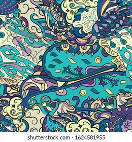 Tracery seamless pattern. Mehndi design. Ethnic colorful doodle texture. Curved doodling background. Vector