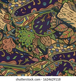 Tracery seamless pattern. Mehndi design. Ethnic colorful doodle texture. Curved doodling background. Vector