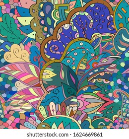Tracery seamless pattern. Mehndi design. Ethnic colorful doodle texture. Curved doodling background. Vector