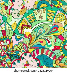 Tracery seamless pattern. Mehndi design. Ethnic colorful doodle texture. Curved doodling background. Vector
