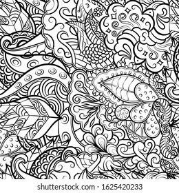 Tracery seamless pattern. Mehndi design. Ethnic monochrome binary doodle texture. Curved doodling black and white background. Vector