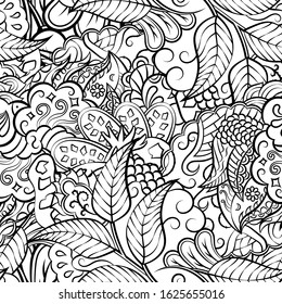 Tracery seamless pattern. Mehndi design. Ethnic monochrome binary doodle texture. Curved doodling black and white background. Vector