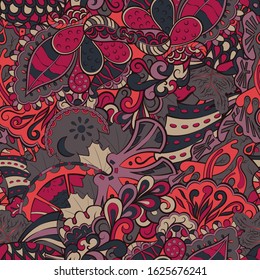 Tracery seamless pattern. Mehndi design. Ethnic colorful doodle texture. Curved doodling background. Vector