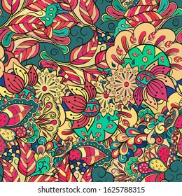 Tracery seamless pattern. Mehndi design. Ethnic colorful doodle texture. Curved doodling background. Vector
