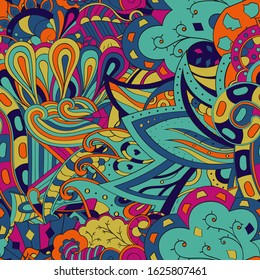 Tracery seamless pattern. Mehndi design. Ethnic colorful doodle texture. Curved doodling background. Vector