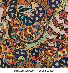 Tracery seamless pattern. Mehndi design. Ethnic colorful doodle texture. Curved doodling background. Vector