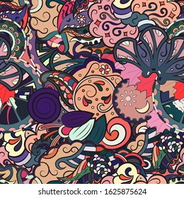 Tracery seamless pattern. Mehndi design. Ethnic colorful doodle texture. Curved doodling background. Vector