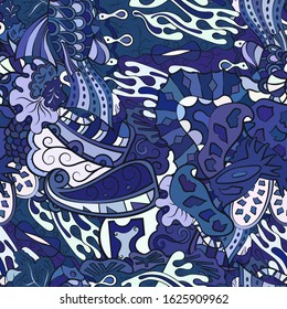 Tracery seamless pattern. Mehndi design. Ethnic colorful doodle texture. Curved doodling background. Vector