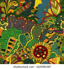 Tracery seamless pattern. Mehndi design. Ethnic colorful doodle texture. Curved doodling background. Vector