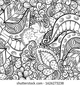 Tracery seamless pattern. Mehndi design. Ethnic monochrome binary doodle texture. Curved doodling black and white background. Vector