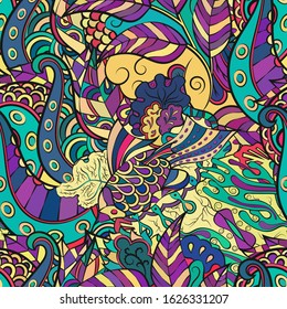Tracery seamless pattern. Mehndi design. Ethnic colorful doodle texture. Curved doodling background. Vector