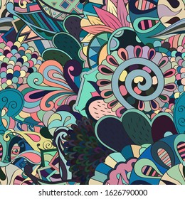 Tracery seamless pattern. Mehndi design. Ethnic colorful doodle texture. Curved doodling background. Vector