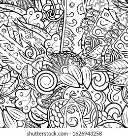 Tracery seamless pattern. Mehndi design. Ethnic monochrome binary doodle texture. Curved doodling black and white background. Vector