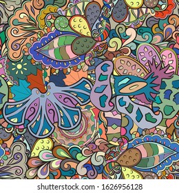 Tracery seamless pattern. Mehndi design. Ethnic colorful doodle texture. Curved doodling background. Vector