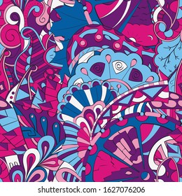 Tracery seamless pattern. Mehndi design. Ethnic colorful doodle texture. Curved doodling background. Vector