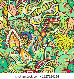Tracery seamless pattern. Mehndi design. Ethnic colorful doodle texture. Curved doodling background. Vector