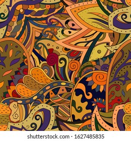 Tracery seamless pattern. Mehndi design. Ethnic colorful doodle texture. Curved doodling background. Vector