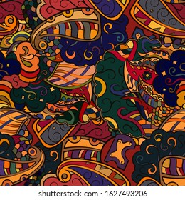 Tracery seamless pattern. Mehndi design. Ethnic colorful doodle texture. Curved doodling background. Vector