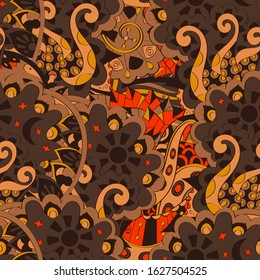 Tracery seamless pattern. Mehndi design. Ethnic colorful doodle texture. Curved doodling background. Vector