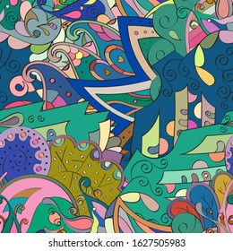 Tracery seamless pattern. Mehndi design. Ethnic colorful doodle texture. Curved doodling background. Vector