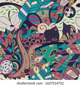 Tracery seamless pattern. Mehndi design. Ethnic colorful doodle texture. Curved doodling background. Vector