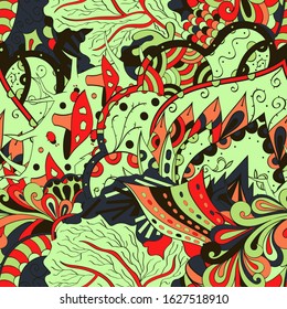 Tracery seamless pattern. Mehndi design. Ethnic colorful doodle texture. Curved doodling background. Vector