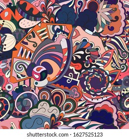 Tracery seamless pattern. Mehndi design. Ethnic colorful doodle texture. Curved doodling background. Vector