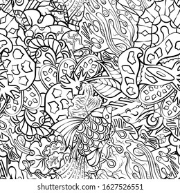 Tracery seamless pattern. Mehndi design. Ethnic monochrome binary doodle texture. Curved doodling black and white background. Vector