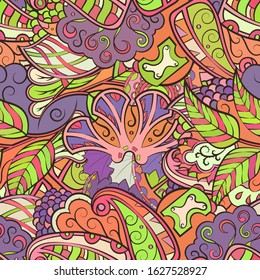 Tracery seamless pattern. Mehndi design. Ethnic colorful doodle texture. Curved doodling background. Vector