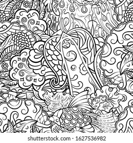 Tracery seamless pattern. Mehndi design. Ethnic monochrome binary doodle texture. Curved doodling black and white background. Vector