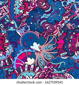 Tracery seamless pattern. Mehndi design. Ethnic colorful doodle texture. Curved doodling background. Vector
