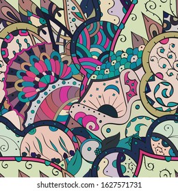 Tracery seamless pattern. Mehndi design. Ethnic colorful doodle texture. Curved doodling background. Vector