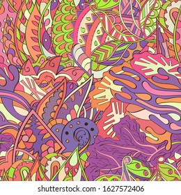 Tracery seamless pattern. Mehndi design. Ethnic colorful doodle texture. Curved doodling background. Vector