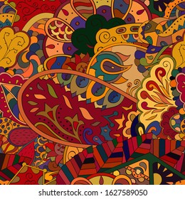 Tracery seamless pattern. Mehndi design. Ethnic colorful doodle texture. Curved doodling background. Vector