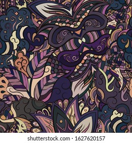 Tracery seamless pattern. Mehndi design. Ethnic colorful doodle texture. Curved doodling background. Vector