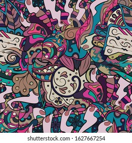 Tracery seamless pattern. Mehndi design. Ethnic colorful doodle texture. Curved doodling background. Vector