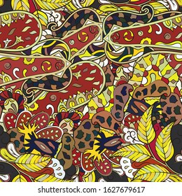 Tracery seamless pattern. Mehndi design. Ethnic colorful doodle texture. Curved doodling background. Vector