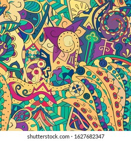 Tracery seamless pattern. Mehndi design. Ethnic colorful doodle texture. Curved doodling background. Vector
