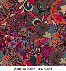 Tracery seamless pattern. Mehndi design. Ethnic colorful doodle texture. Curved doodling background. Vector