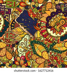 Tracery seamless pattern. Mehndi design. Ethnic colorful doodle texture. Curved doodling background. Vector
