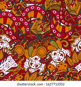 Tracery seamless pattern. Mehndi design. Ethnic colorful doodle texture. Curved doodling background. Vector