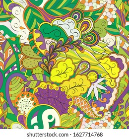 Tracery seamless pattern. Mehndi design. Ethnic colorful doodle texture. Curved doodling background. Vector
