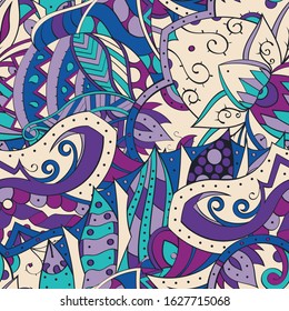 Tracery seamless pattern. Mehndi design. Ethnic colorful doodle texture. Curved doodling background. Vector
