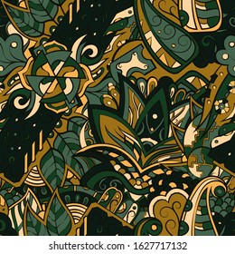 Tracery seamless pattern. Mehndi design. Ethnic colorful doodle texture. Curved doodling background. Vector