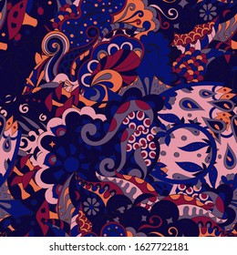 Tracery seamless pattern. Mehndi design. Ethnic colorful doodle texture. Curved doodling background. Vector