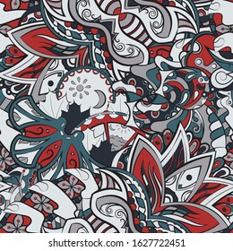 Tracery seamless pattern. Mehndi design. Ethnic colorful doodle texture. Curved doodling background. Vector