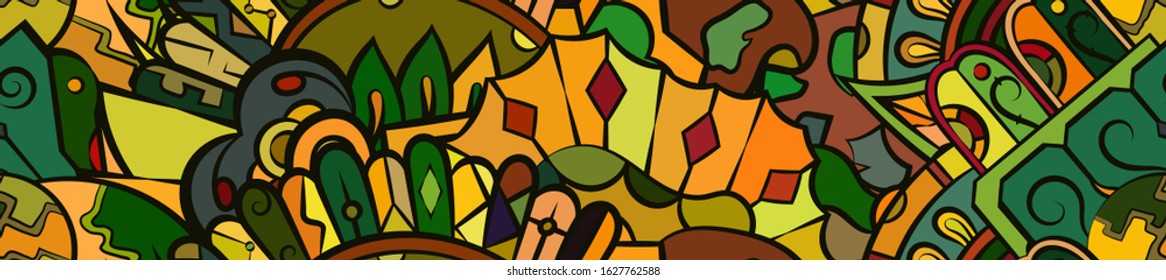 Tracery seamless pattern. Mehndi design. Ethnic colorful doodle texture. Curved doodling background. Vector