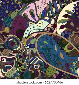 Tracery seamless pattern. Mehndi design. Ethnic colorful doodle texture. Curved doodling background. Vector