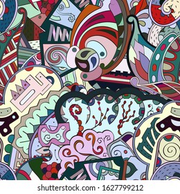 Tracery seamless pattern. Mehndi design. Ethnic colorful doodle texture. Curved doodling background. Vector
