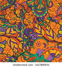 Tracery seamless pattern. Mehndi design. Ethnic colorful doodle texture. Curved doodling background. Vector